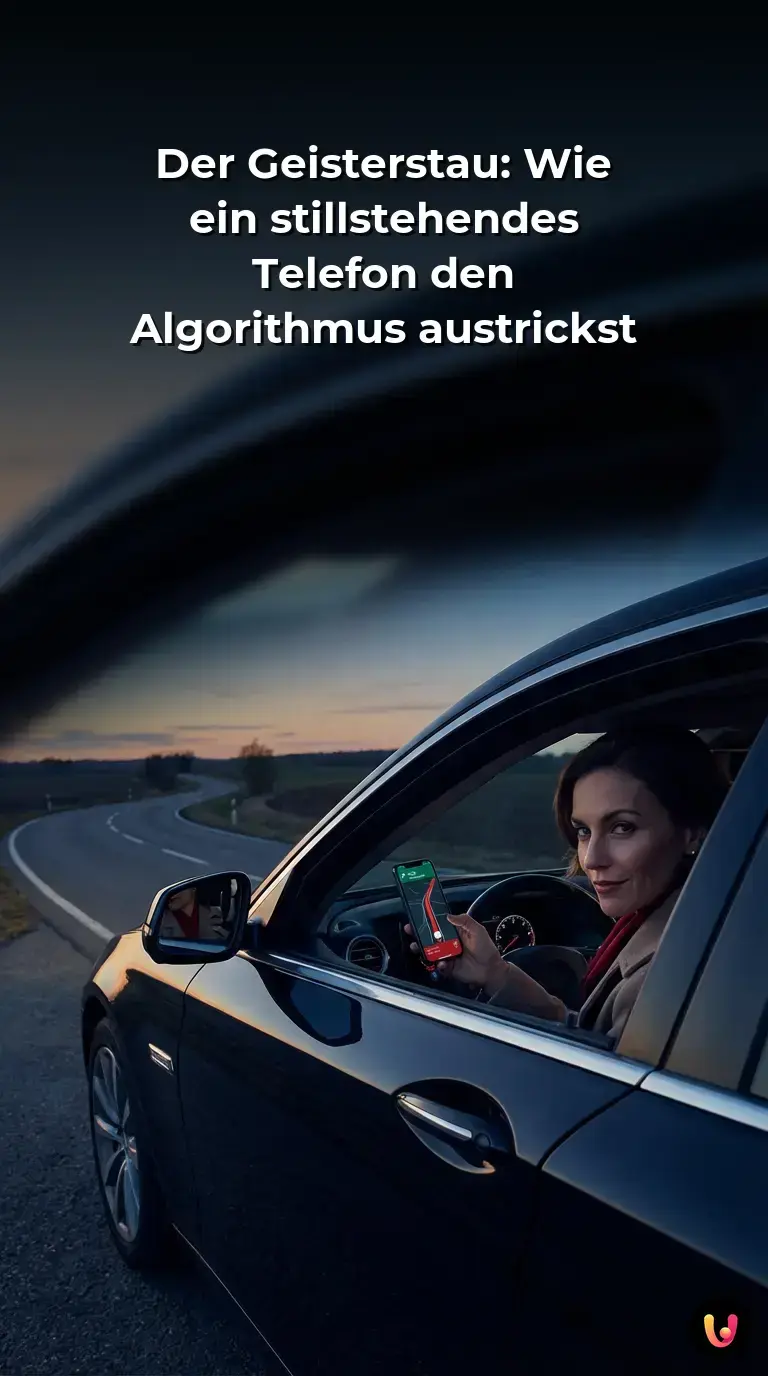 Smartphone mit roter Stau-Warnung auf dem Display vor dem Hintergrund einer v&ouml;llig leeren Stra&szlig;e.