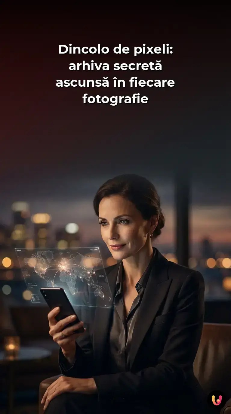 Reprezentare grafică a metadatelor EXIF ascunse &icirc;n spatele unui cadru digital modern.