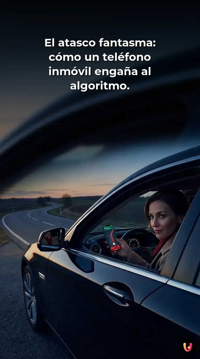 Tel&eacute;fono m&oacute;vil mostrando una l&iacute;nea roja de tr&aacute;fico en una carretera completamente vac&iacute;a.