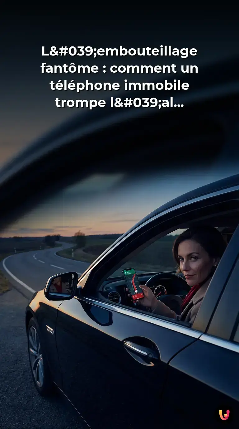 Un smartphone affichant une fausse ligne rouge de trafic sur une route d&eacute;serte.