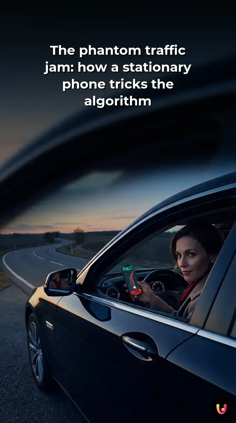 Navigation app displaying a red traffic line on a smartphone screen while the road is empty.