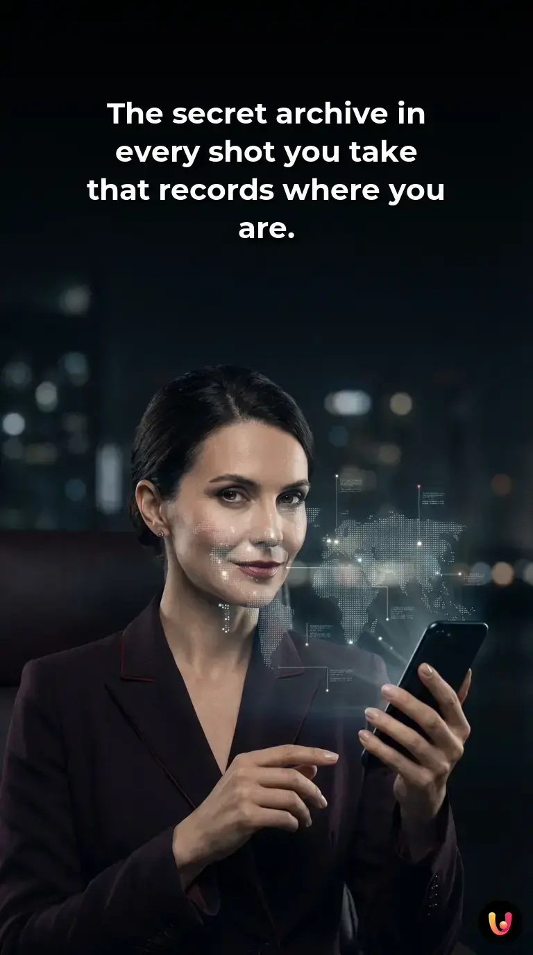 A smartphone screen displaying glowing digital coordinates and hidden metadata details.