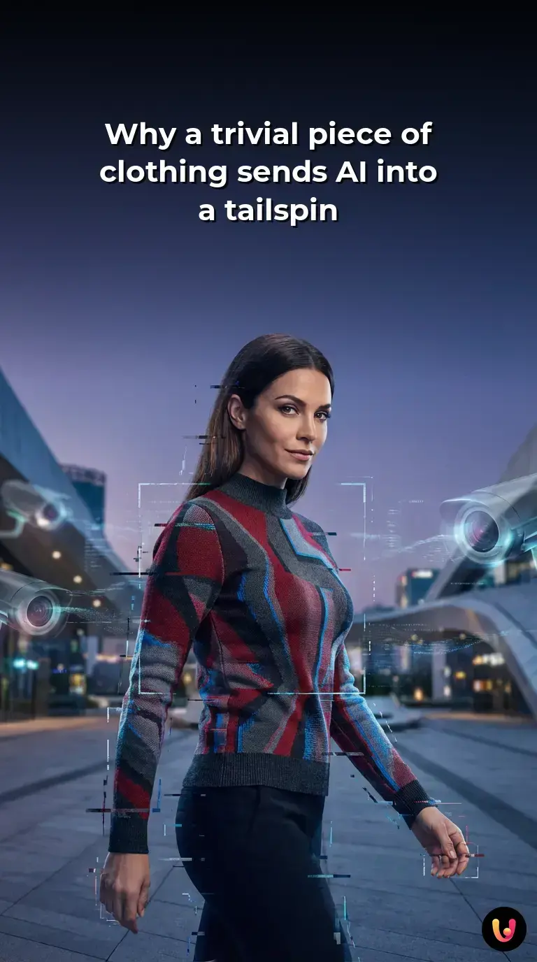 Digital overlay of AI recognition failing to detect a person wearing a patterned sweater.