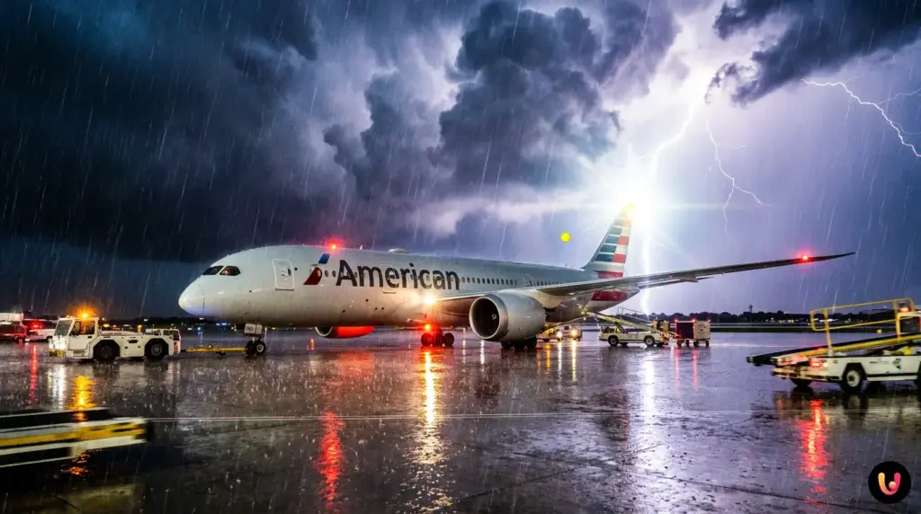 American Airlines airplane on the tarmac at DFW airport during a severe rainstorm.