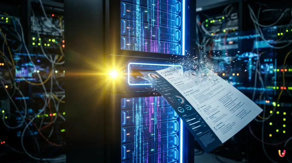 Un software ATS analizza un curriculum vitae grafico evidenziando gli errori di formattazione.