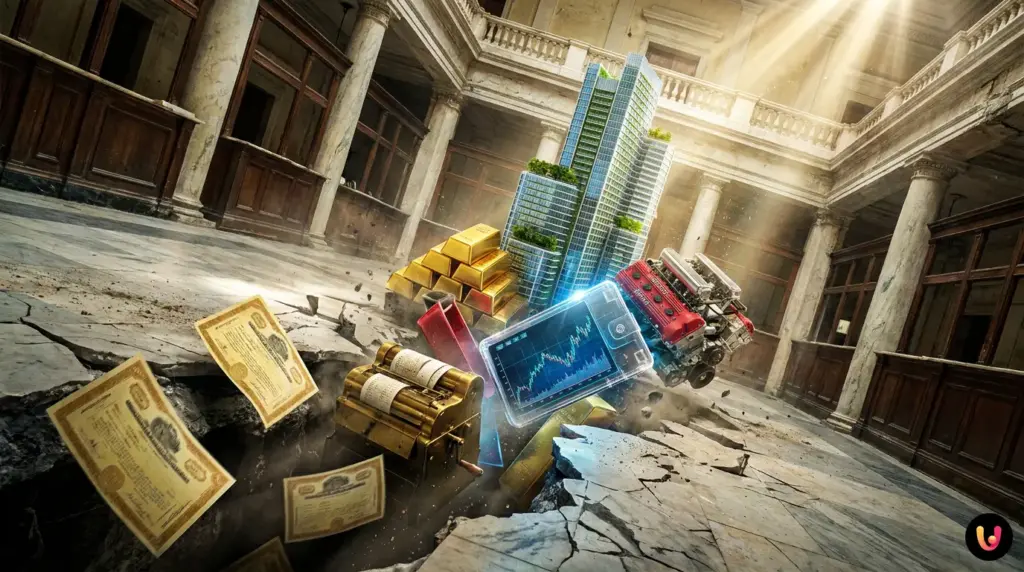 Visual representation of a modern investment portfolio diversifying into alternative assets.