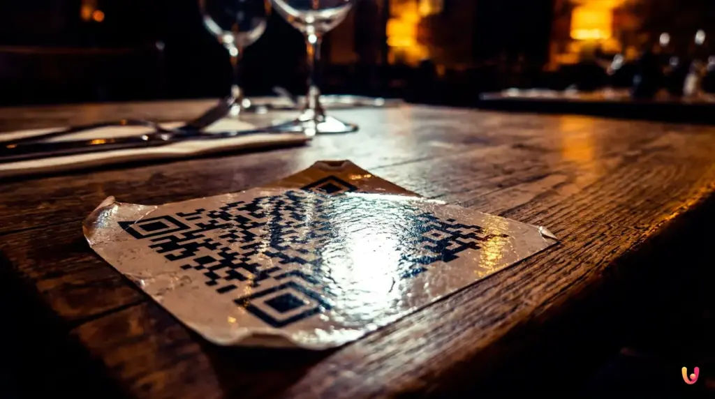 Un client scanne un faux menu QR code avec son smartphone &agrave; la table d'un restaurant.