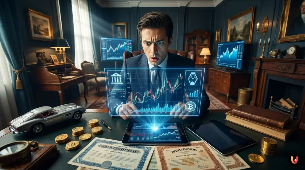 Construção de uma Carteira Moderna: Para Além de Ações e Obrigações Gráfico financeiro moderno mostrando a diversificação de ativos além de ações e obrigações.