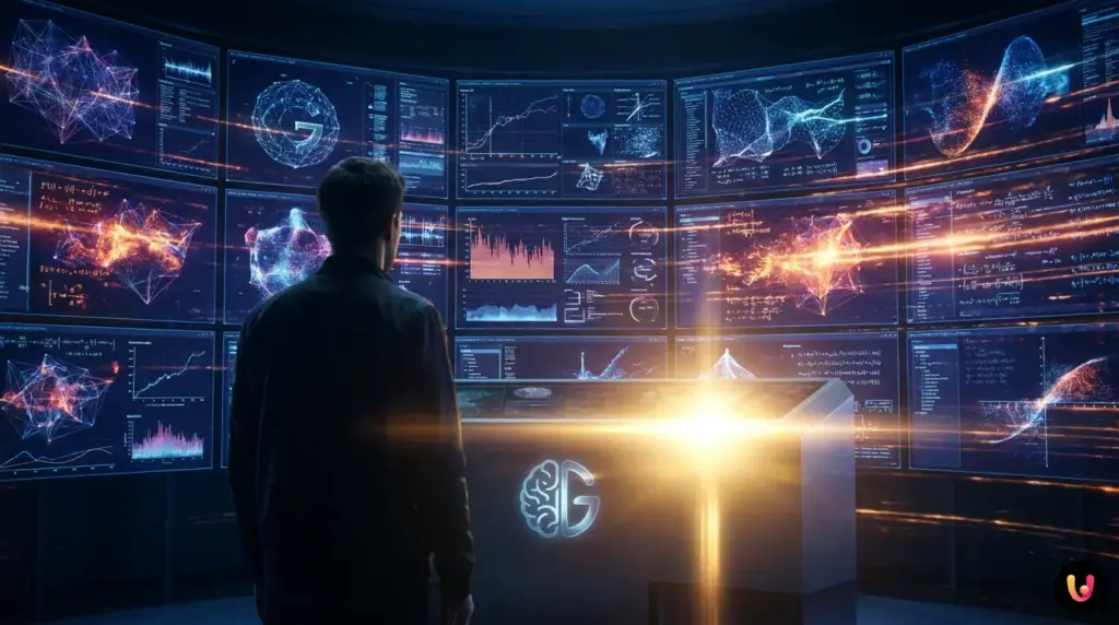 R&eacute;seau de neurones et &eacute;quations illustrant l'IA AlphaProof Nexus