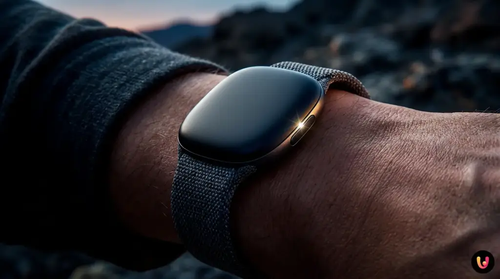 Google Fitbit Air : suivi biométrique passif et analyse IA Capteur de santé Google Fitbit Air sans écran attaché à un bracelet tissé ultra-léger.