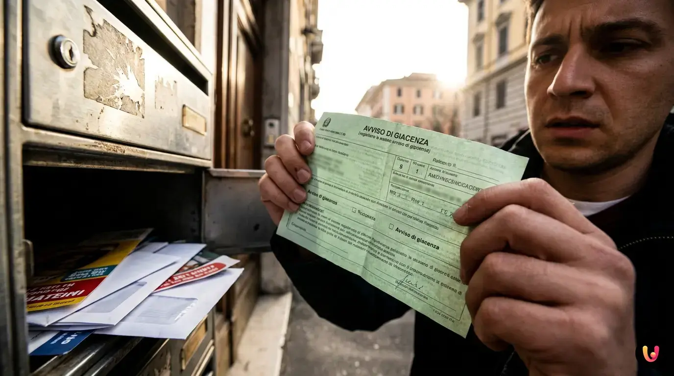 Dettaglio di un avviso di giacenza della posta raccomandata con codici a barre e colori.