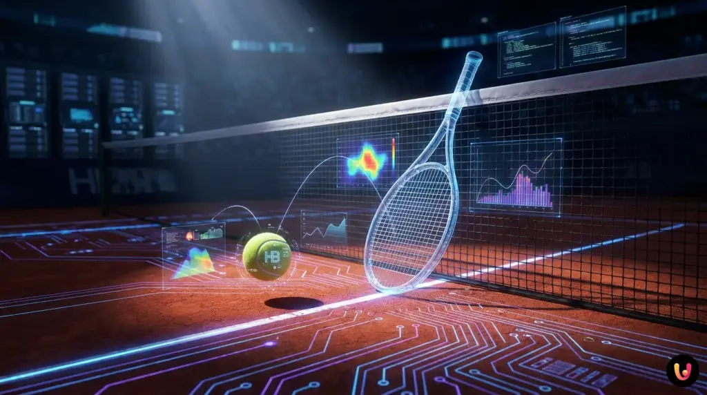 Machine Learning Analysis Of Hailey Baptiste’s Tennis Metrics Hailey Baptiste hitting a tennis ball on a clay court with digital machine learning data overlays.