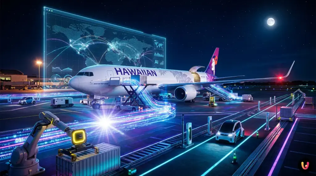 Hawaiian Airlines airplane being loaded with cargo containers on the airport tarmac.
