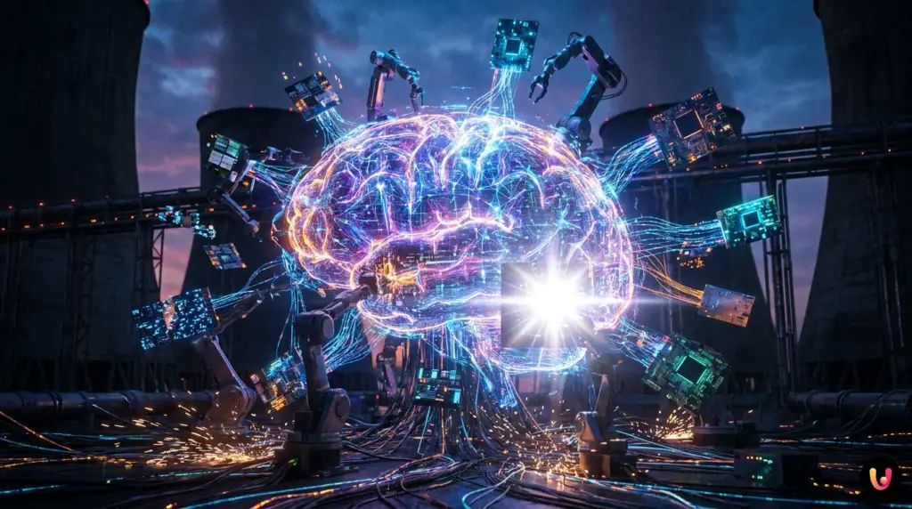 Fusions-acquisitions IA 2026 : intégration d’actifs algorithmiques Connexion de réseaux numériques illustrant les fusions-acquisitions dans le secteur de l'IA.