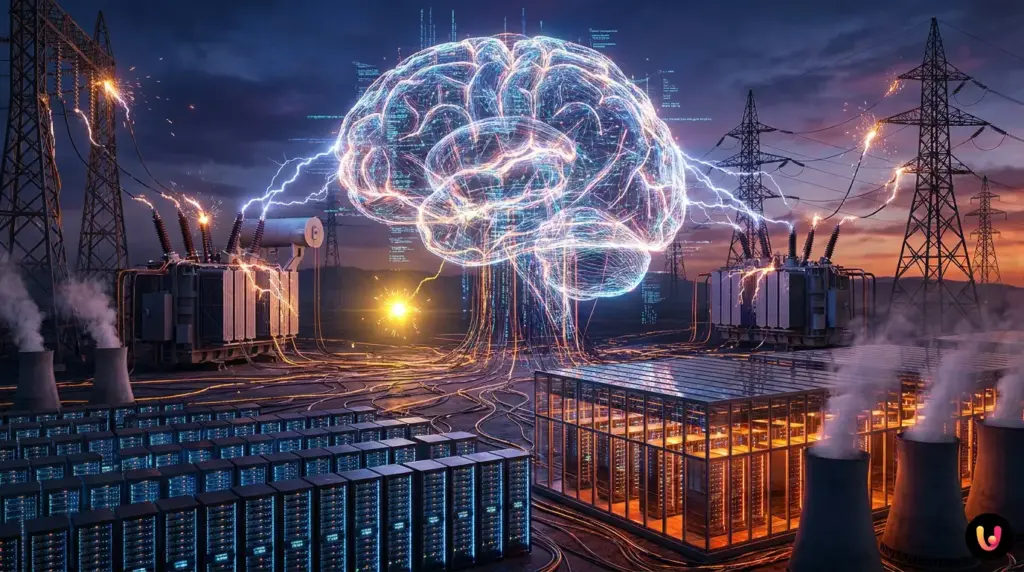Serveurs lumineux illustrant la forte demande &eacute;lectrique de l'intelligence artificielle.