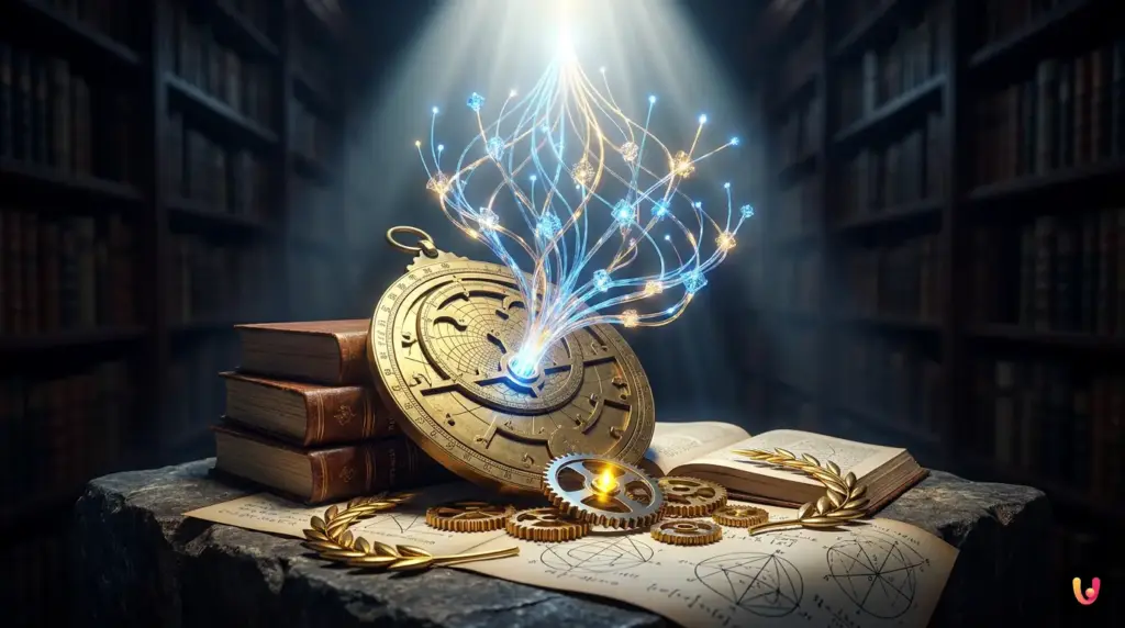 Rappresentazione astratta dell'evoluzione dei modelli LLM e dell'intelligenza artificiale.