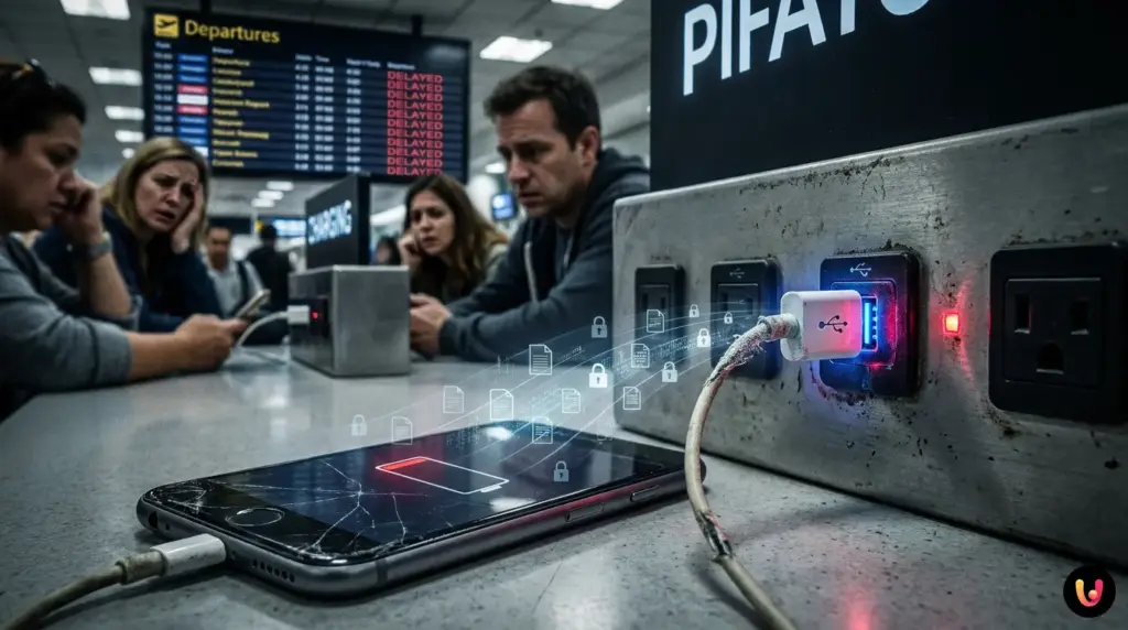 Smartphone collegato a una presa USB pubblica di ricarica in aeroporto.