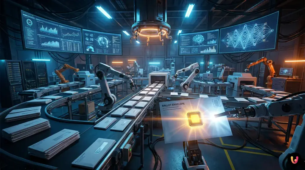 A mail-in ballot integrated with glowing digital network lines representing AI technology.