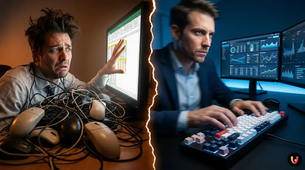 Atajos de teclado de Excel: los 50 más útiles para trabajar rápidamente Manos escribiendo en un teclado con una hoja de cálculo de Excel en la pantalla del ordenador.