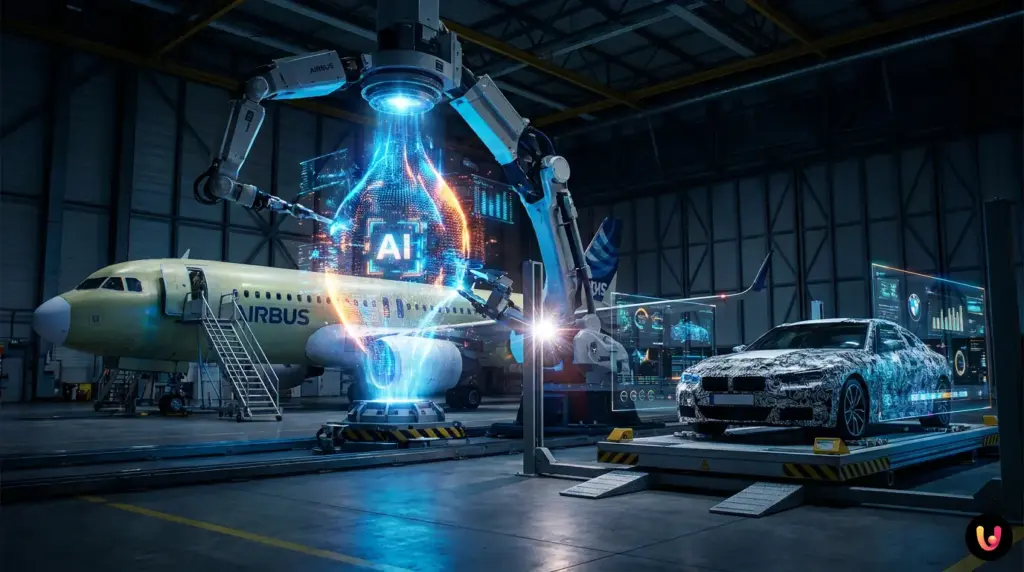 Repr&eacute;sentation de l'intelligence artificielle de Mistral AI int&eacute;gr&eacute;e chez Airbus et BMW.