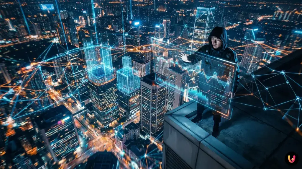 Rede neural e gr&aacute;ficos financeiros que ilustram a an&aacute;lise de risco de financiamentos imobili&aacute;rios por meio de IA.