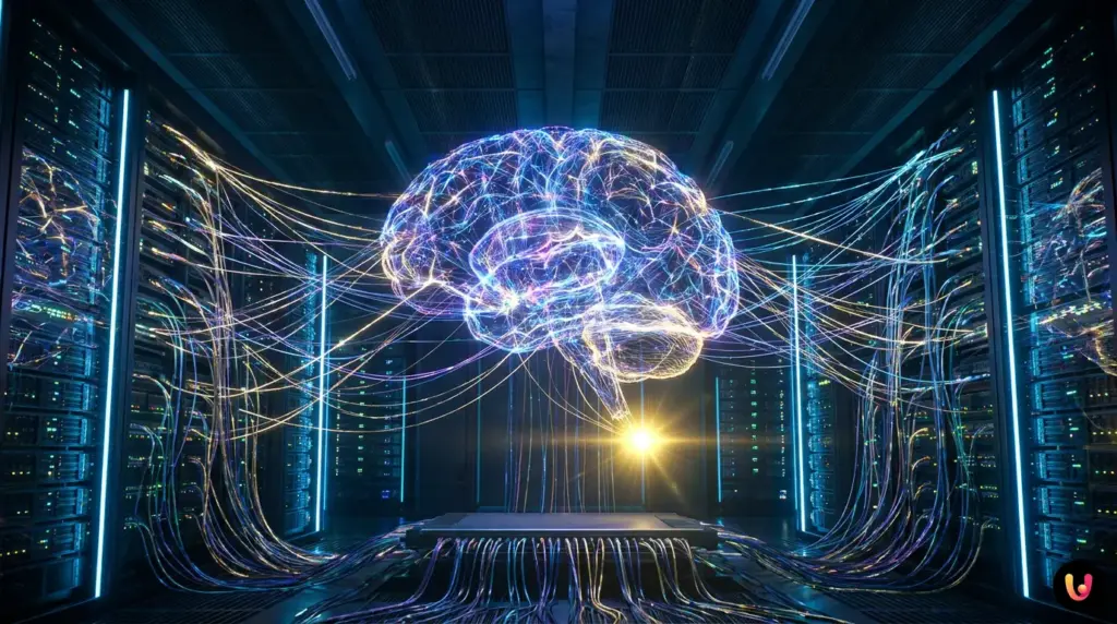 Darstellung einer fortschrittlichen Cloud-Infrastruktur mit leuchtenden Knoten f&uuml;r k&uuml;nstliche Intelligenz.