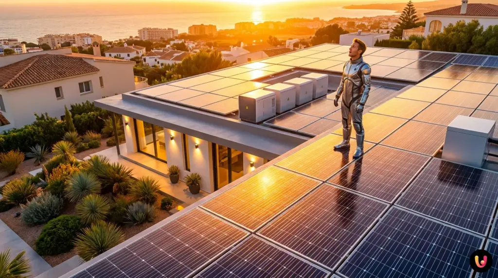 Casa moderna con placas solares instaladas en el tejado orientadas al sol.