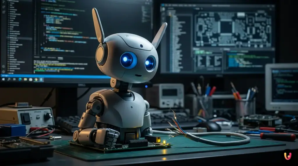 Primo piano del robot umanoide da scrivania Reachy Mini sviluppato da Pollen Robotics.