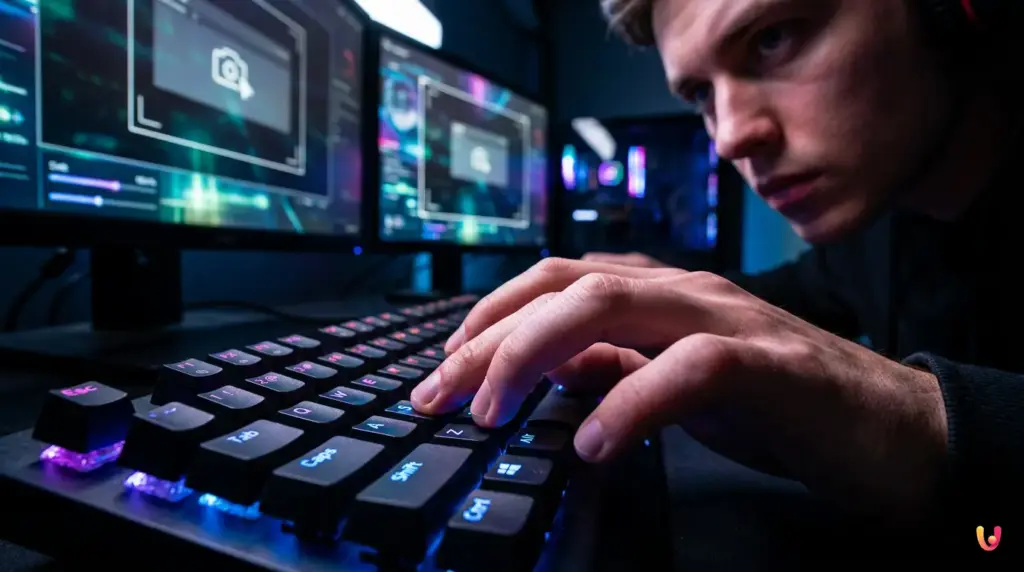 Clavier d'un PC avec les touches Windows, Maj et S mises en &eacute;vidence pour la capture d'&eacute;cran.