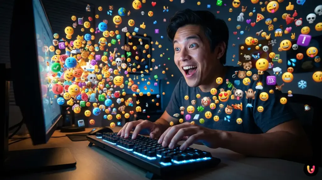 Hands typing on a keyboard with colorful emoji icons appearing on the screen.