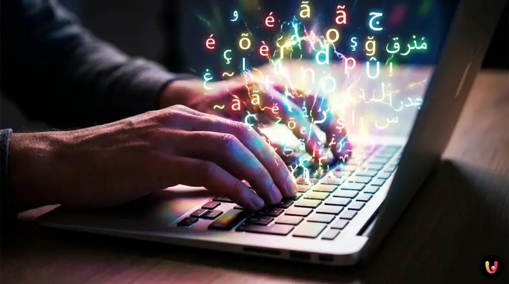 M&atilde;os digitando em um teclado americano usado para gerar acentos e caracteres multil&iacute;ngues.
