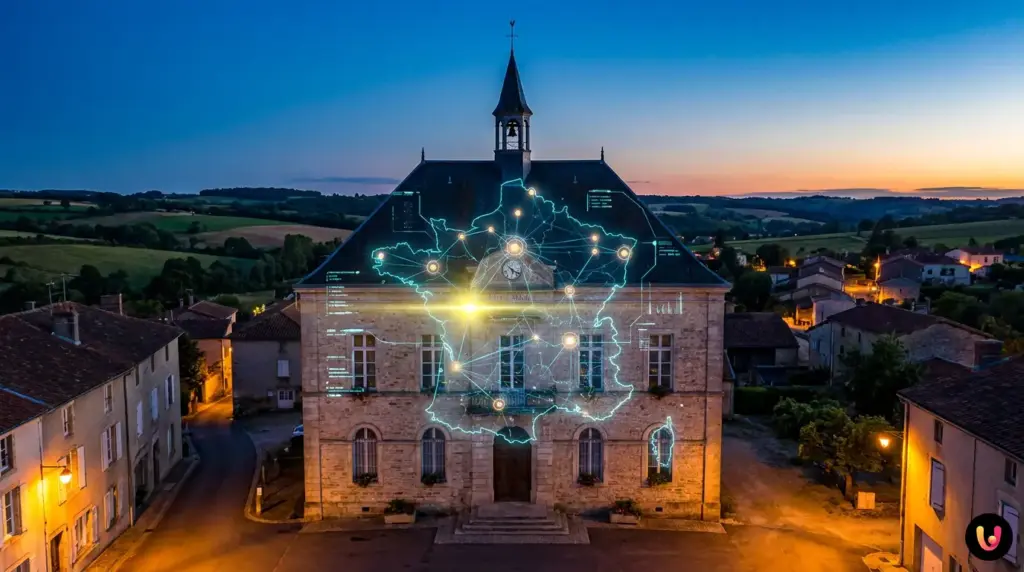 Illustration du d&eacute;ploiement de l'intelligence artificielle souveraine dans les mairies fran&ccedil;aises.