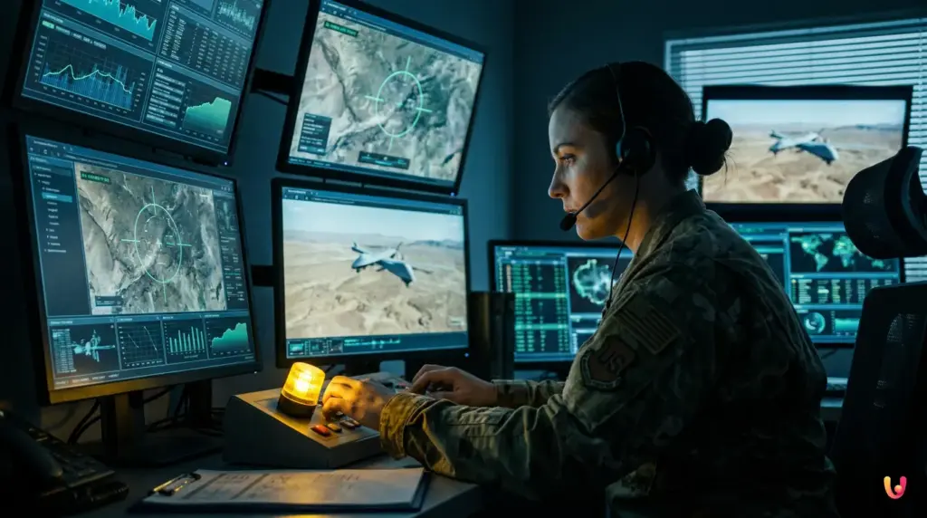 Analysis of AI and LLM Integration in Combat Targeting Systems Digital targeting screen showing AI algorithms analyzing military targets in a combat zone.