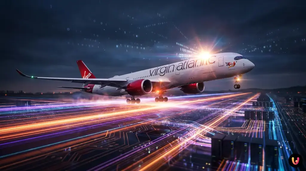 Virgin Atlantic déploie OpenAI Codex pour le développement de logiciels. Avion de Virgin Atlantic en vol avec des éléments graphiques représentant du code logiciel et de l'intelligence artificielle.
