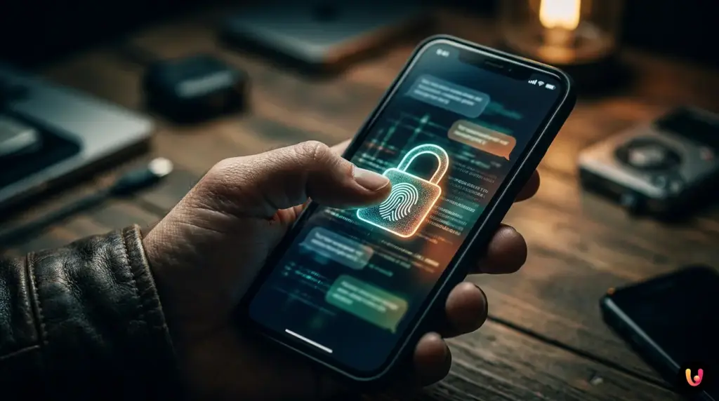 Celular com a tela do WhatsApp exibindo o bloqueio de conversas e a prote&ccedil;&atilde;o biom&eacute;trica ativada.