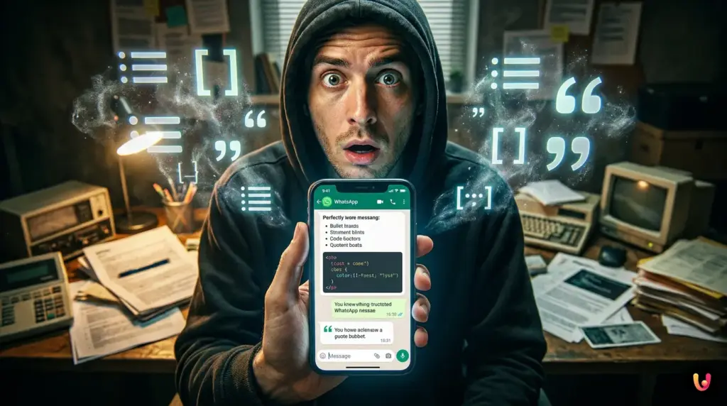 WhatsApp chat with formatted text using bulleted lists, numbered lists, and code blocks.