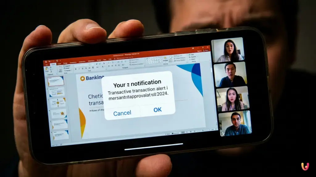 Smartphone with screen sharing enabled during a WhatsApp video call.