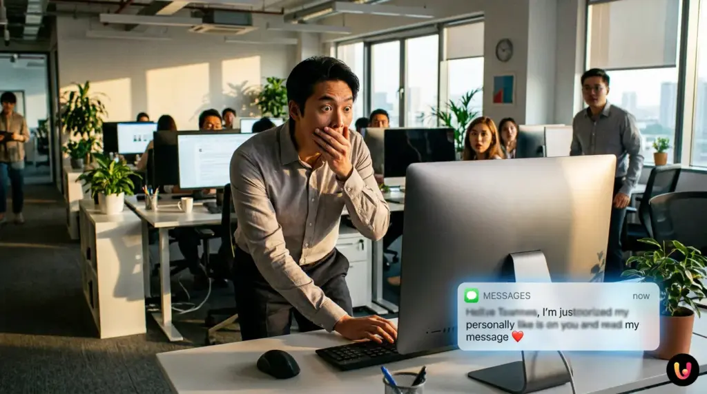 Pantalla de un ordenador en una oficina con las notificaciones de WhatsApp Web ocultas por privacidad.