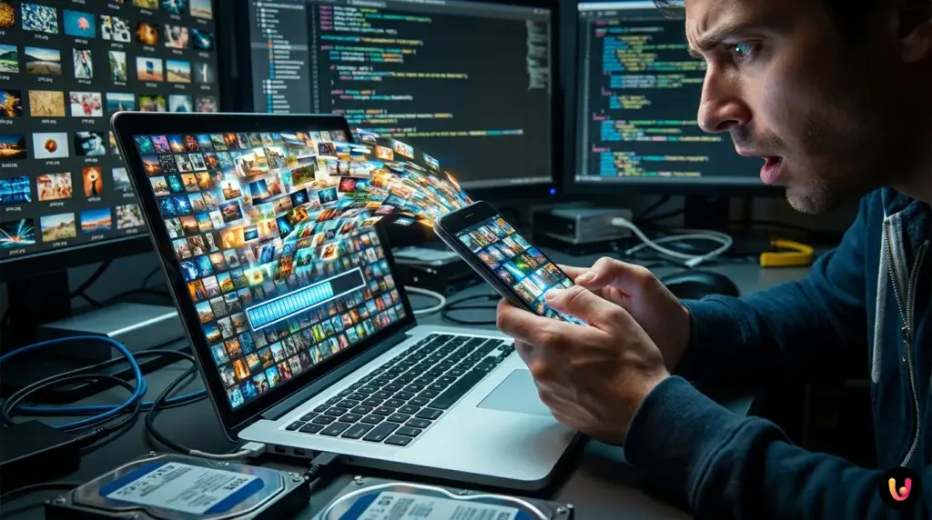 Pantalla de WhatsApp Web con selecci&oacute;n m&uacute;ltiple de fotos para la descarga masiva.