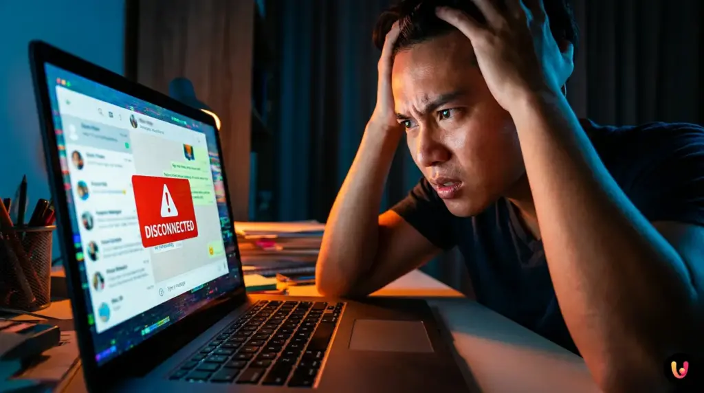 Schermata di errore e disconnessione di WhatsApp Web sul monitor di un computer.