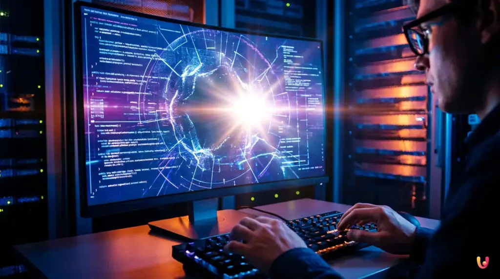 Tela com c&oacute;digo de programa&ccedil;&atilde;o e algoritmo de rastreamento travado por um erro.