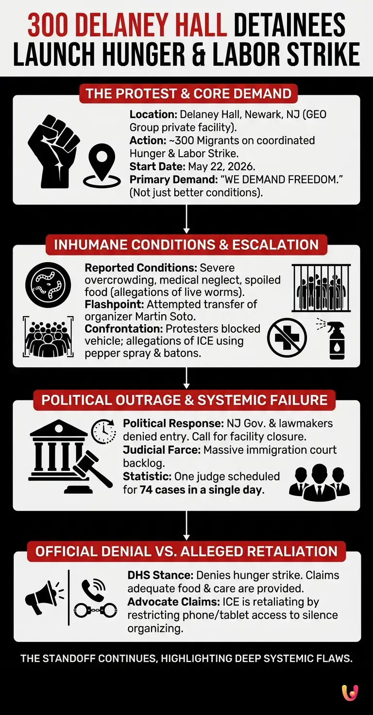 300 Delaney Hall Detainees Launch Hunger and Labor Strike - Summary Infographic