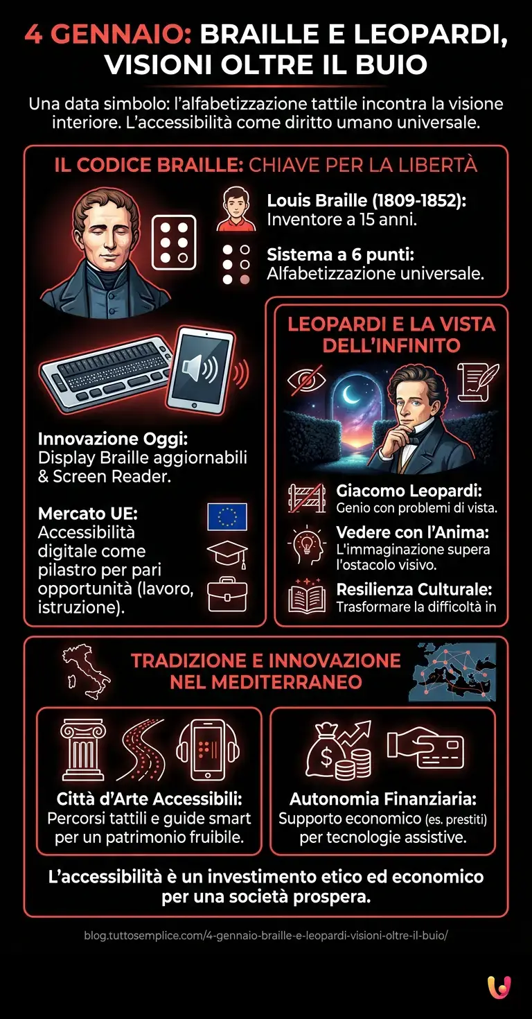 4 Gennaio: Braille e Leopardi, Visioni oltre il Buio - Infografica riassuntiva
