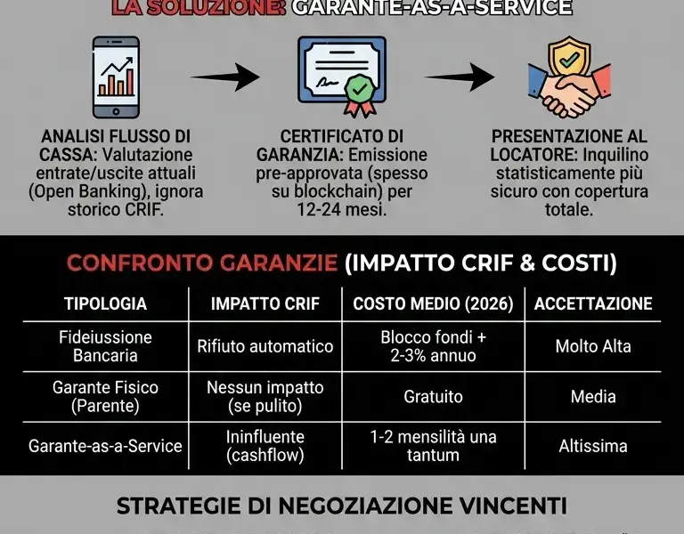 Infografica: Affittare casa nel 2026 se sei in CRIF: come superare i controlli dei proprietari