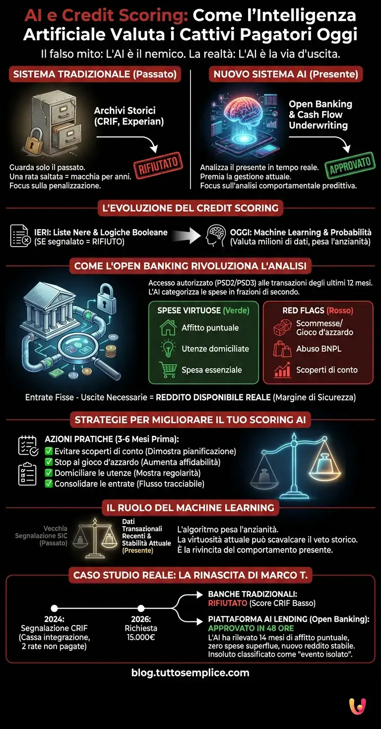 AI e Credit Scoring: Come l'Intelligenza Artificiale Valuta i Cattivi Pagatori Oggi - Infografica riassuntiva