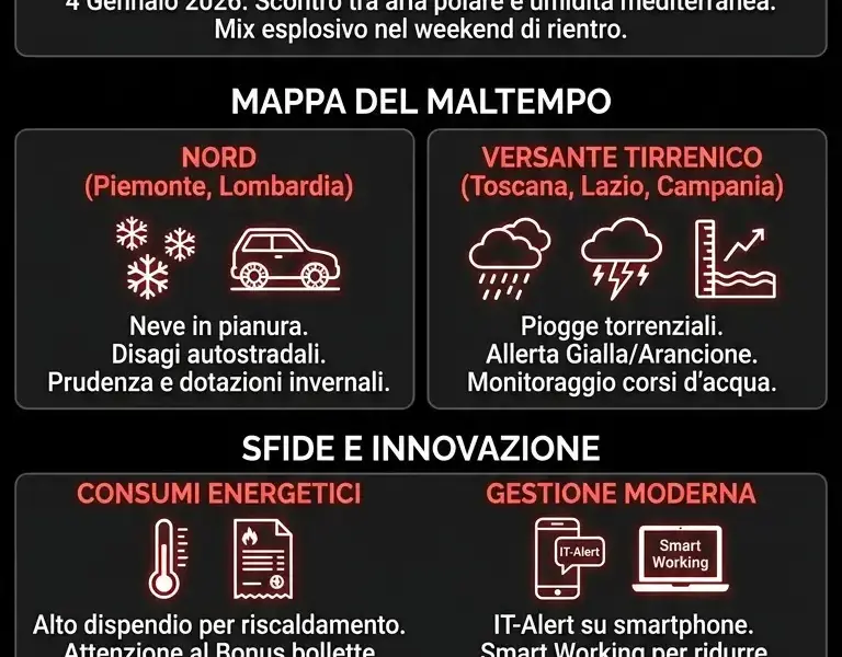 Infografica: Allerta Meteo 4 Gennaio: Neve e Pioggia, Regioni a Rischio