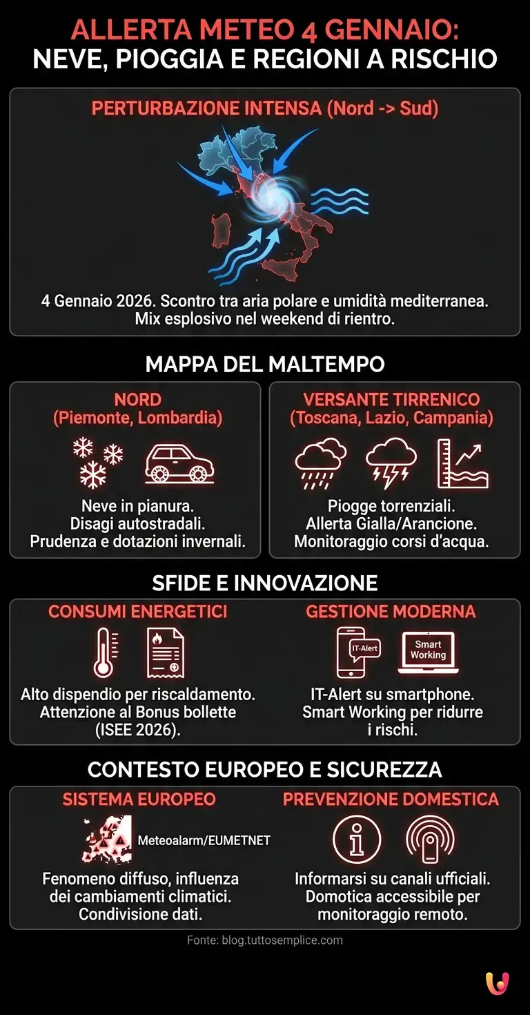 Allerta Meteo 4 Gennaio: Neve e Pioggia, Regioni a Rischio - Infografica riassuntiva