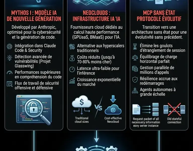 Infografica: Architecture Mythos 1 : extensibilit&eacute; sur Neocloud et MCP sans &eacute;tat (stateless)