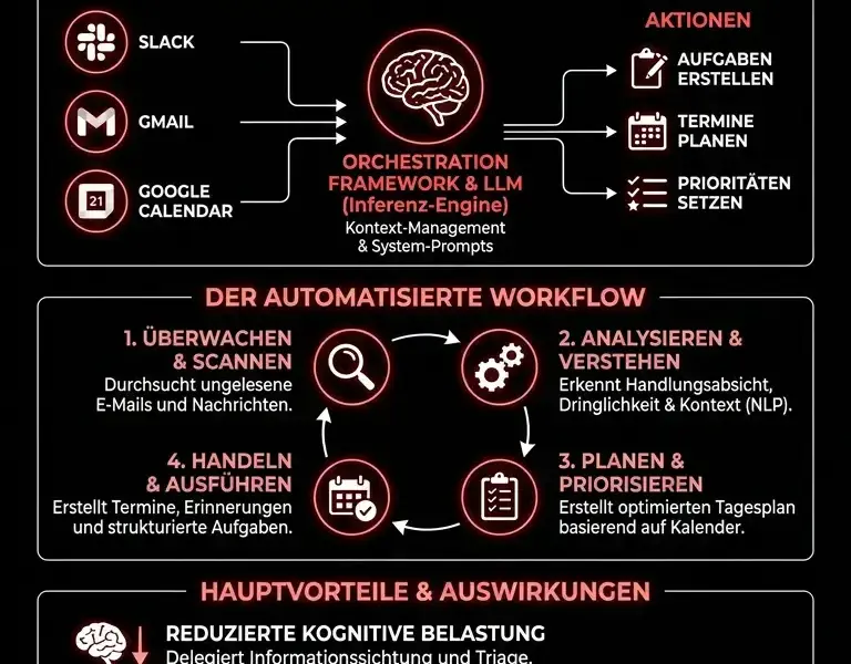 Infografica: Architektur eines KI-Agenten zur proaktiven Extraktion von Aufgaben
