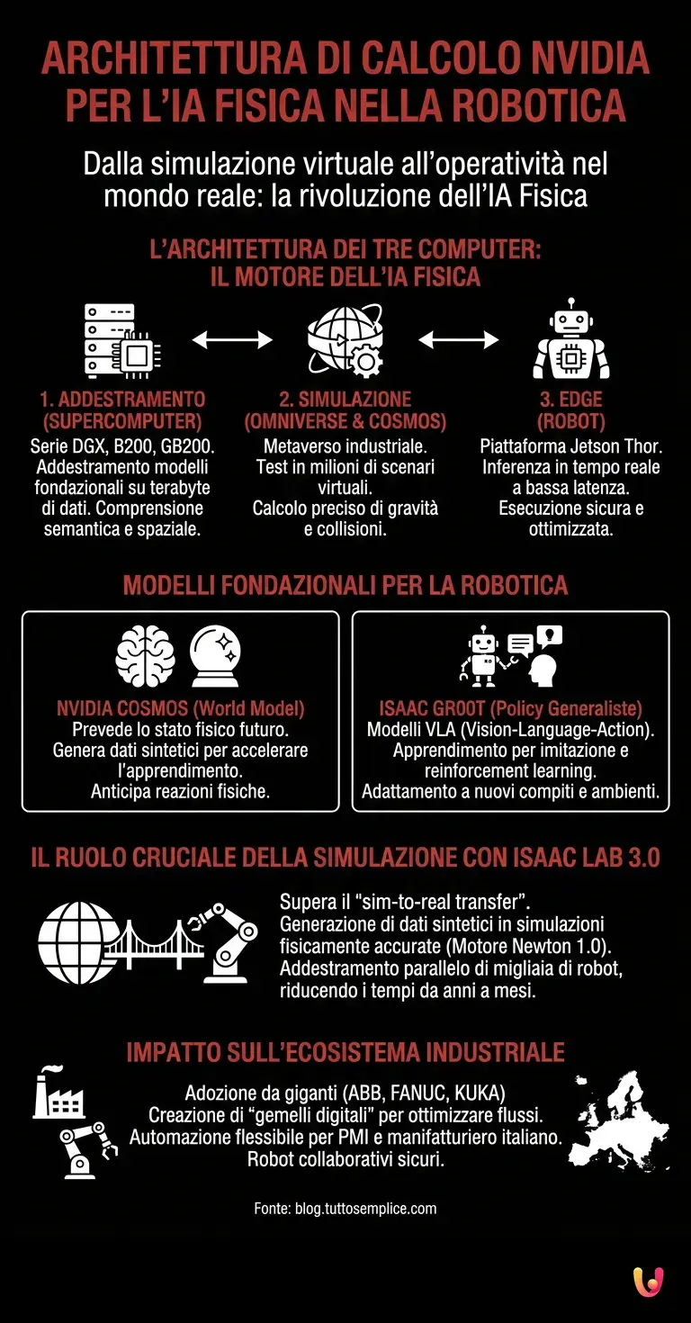 Architettura di calcolo NVIDIA per l'IA fisica nella robotica - Infografica riassuntiva